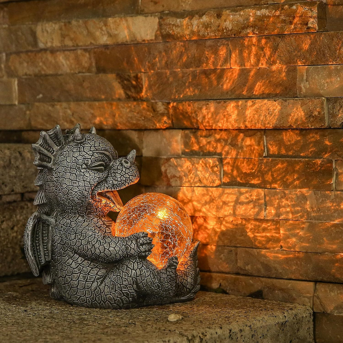 Garden Dragon Statue Solar Powered Outdoor Figurine Light Decor Cute and Hold Glowing Glass Ball