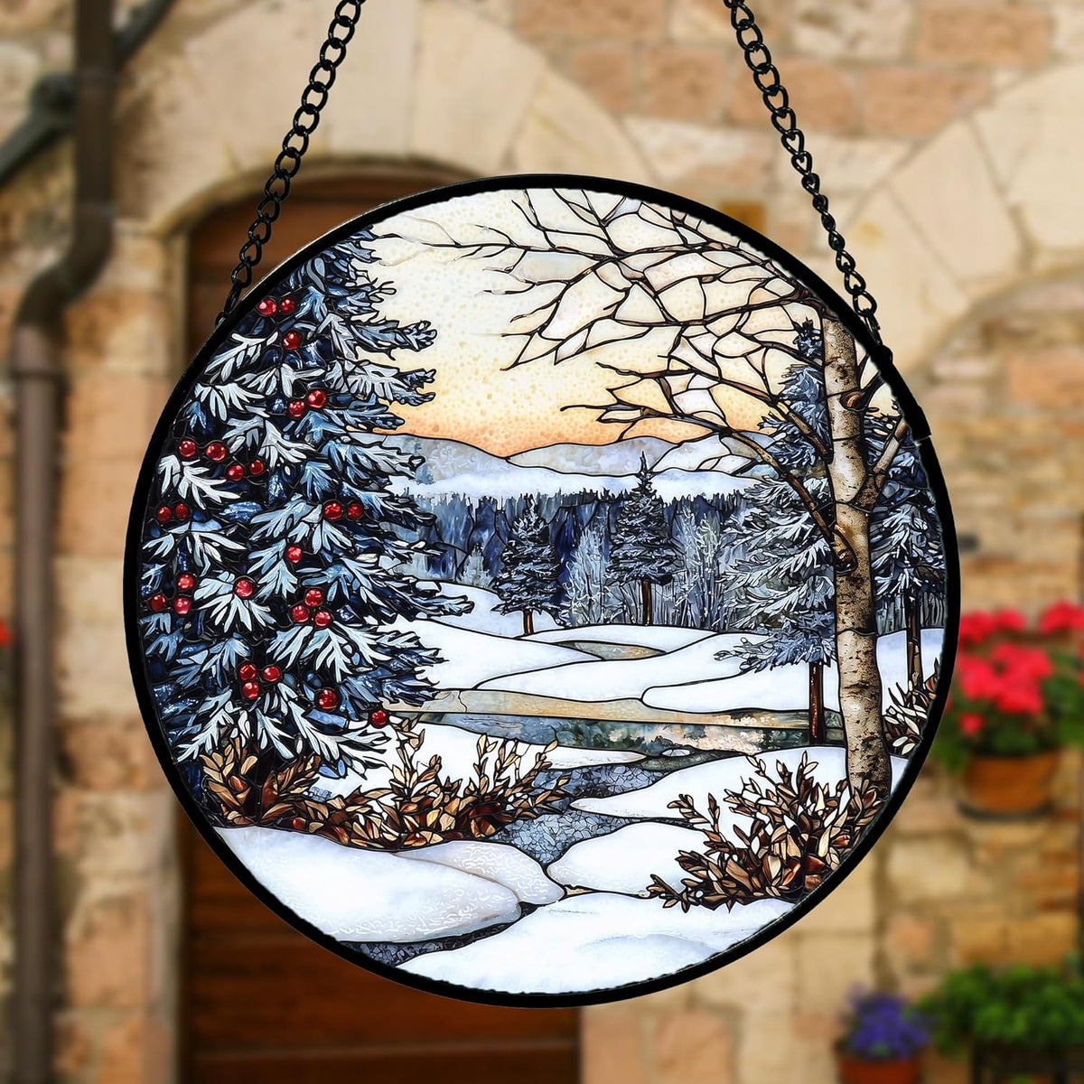 Stained Glass Window Hanging, Winter Snow Landscape Suncatcher Diamond Glass Panel Sun Catchers