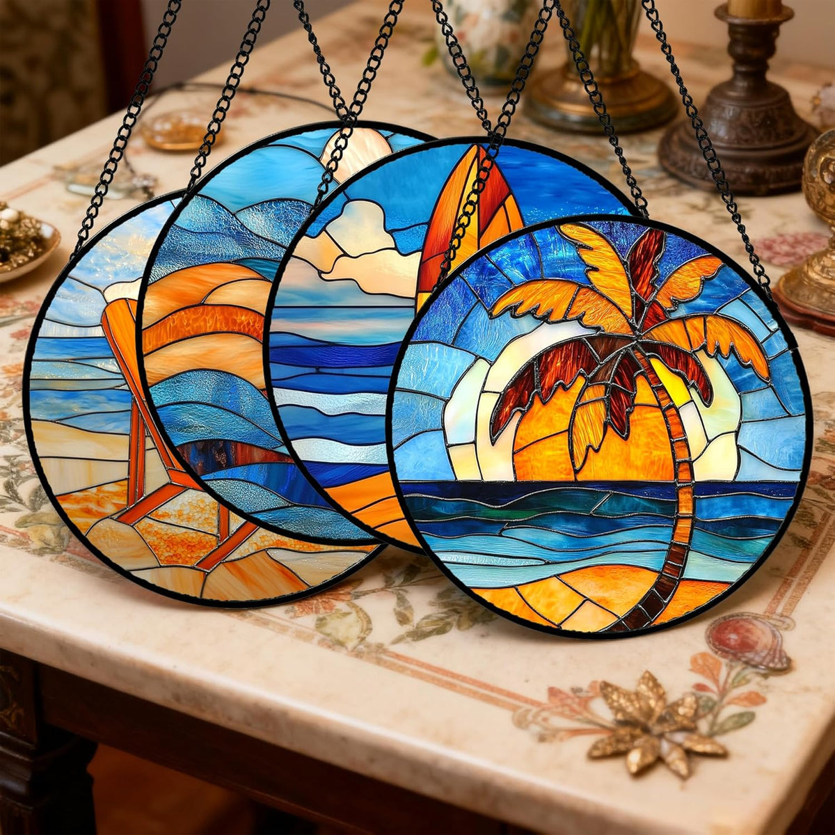 Stained Glass Window Hanging 4 Pcs Set Blue Orange Ocean Beach Theme 9.8" - Suncatcher Door Garden