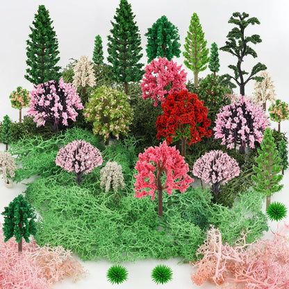 36 Pcs Mixed Model Trees with 40g Moss Pink and Green, Diorama Trees Grass Mini Fake Miniature