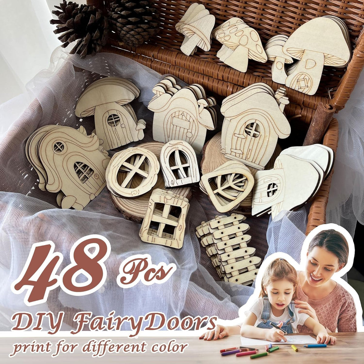 48 Pcs Fairy Door & Window Craft Kit - Wooden Garden Doors, Mini Fences, Unpainted Miniature