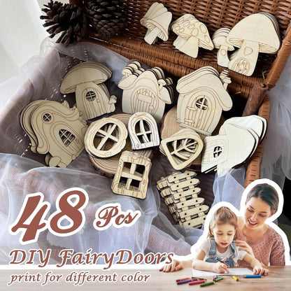 48 Pcs Fairy Door & Window Craft Kit - Wooden Garden Doors, Mini Fences, Unpainted Miniature