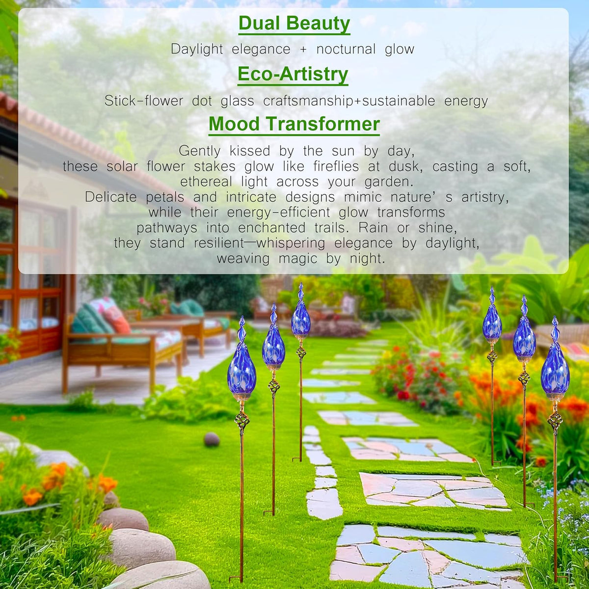 Solar Garden Lights Outdoor, Decorative LED Flame Garden Stakes, Hand Blown Glass and Outdoor