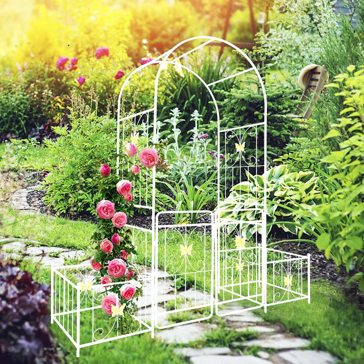 Metal Garden Arbor Arch with Gate and Plant Box, 86.6" H Heavy Duty Garden Trellis with Butterfly