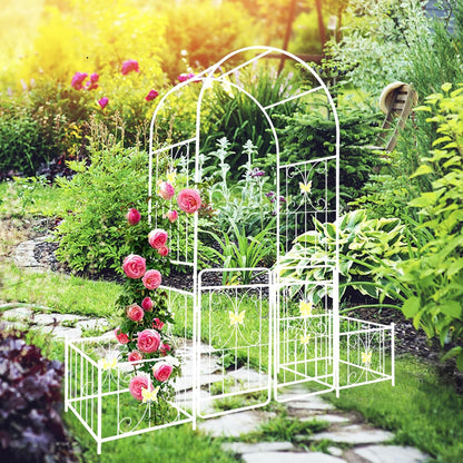 Metal Garden Arbor Arch with Gate and Plant Box, 86.6" H Heavy Duty Garden Trellis with Butterfly