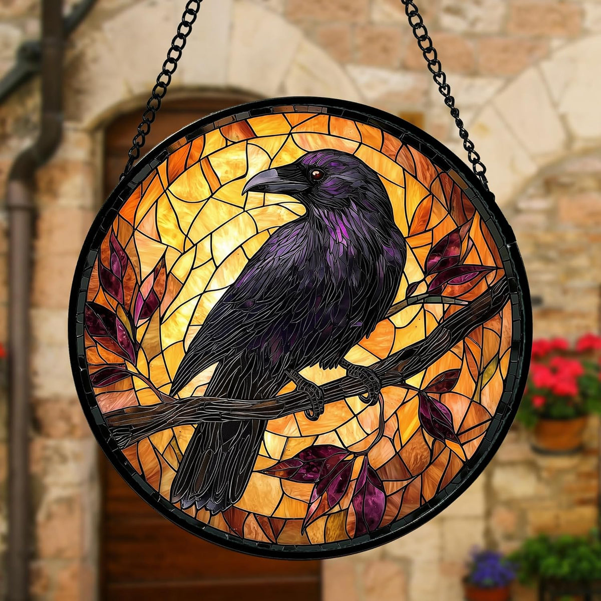 Stained Glass Window Hanging - Crow on a Branch Suncatcher Ready to Hang Window Doors Home