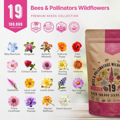 Organo Republic 19 Annual & Perennial Wildflower Seeds Mix for Indoor and Outdoors, Attract Bees &