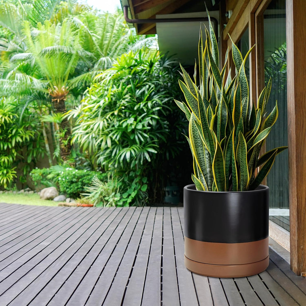 D'vine Dev 14 Inch Ceramic Planter Pot with Drainage Hole and Saucer, Indoor Cylinder Round Planter