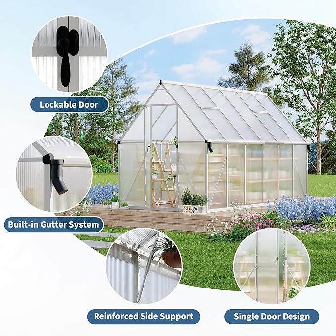8'X14' Aluminum-Framed Polycarbonate Greenhouse, Heavy Duty Polycarbonate Greenhouse with Quick
