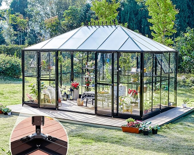 AMERLIFE 14x9.5x9 FT Hybrid Polycarbonate Greenhouse Quick Connector Fast Assembly, Swing 2 Doors