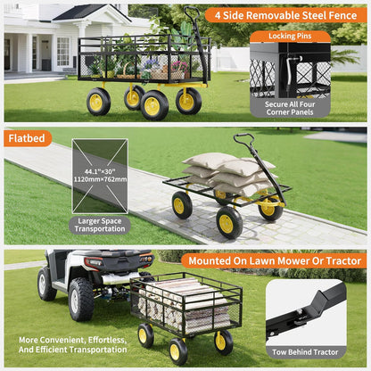 3-in-1 Heavy-Duty Steel Garden Cart, 1400 Lbs Garden Wagon, with 13 Inch All-Terrain Tires and