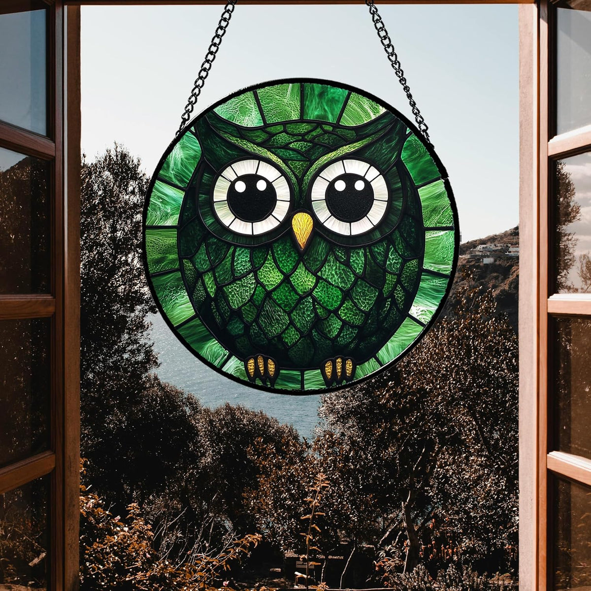 Stained Glass Window Hanging - Green Owl Suncatcher for Doors Garden Patio Funny Bird Sun Catchers