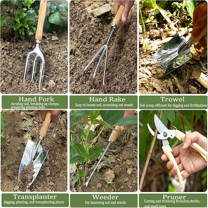 14 PCS Garden Tool Set with Soil Moisture Meter, Stainless Stell Heavy Duty Gardening Hand Tools