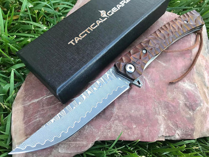 TACTICAL GEARZ Damascus Pocket Knife - EDC Folding Knife with Rosewood Handle - 67 Layer Damascus