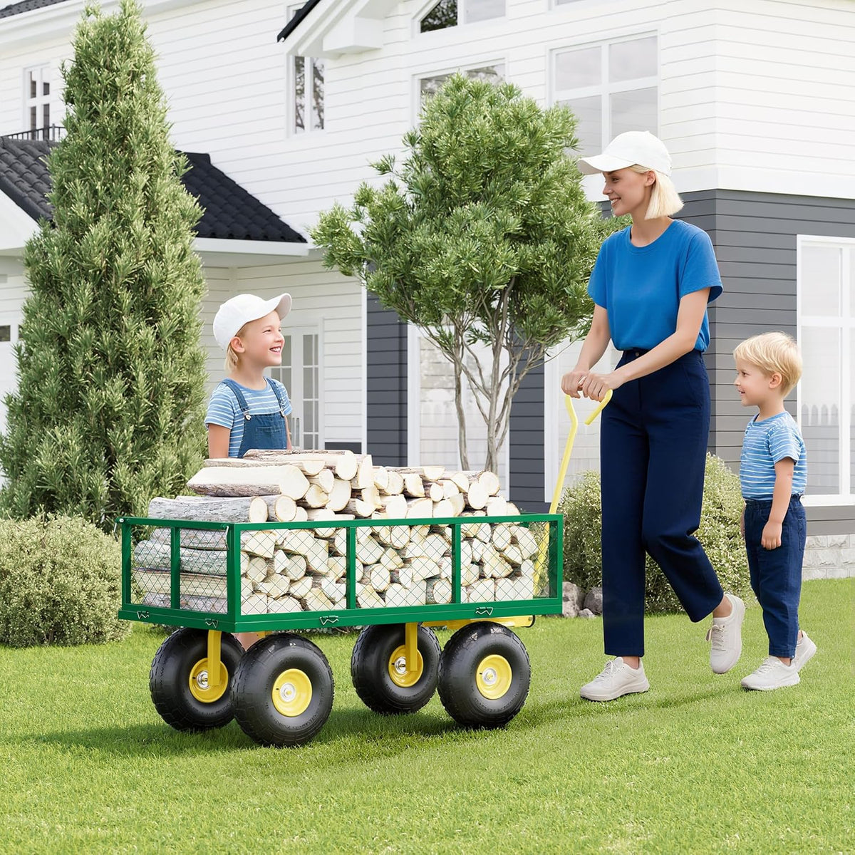 Metal Wagon - 900lbs Garden Cart with 10" Multi-Terrain Tires, 4 Removable Mesh Sides & 180° Swivel