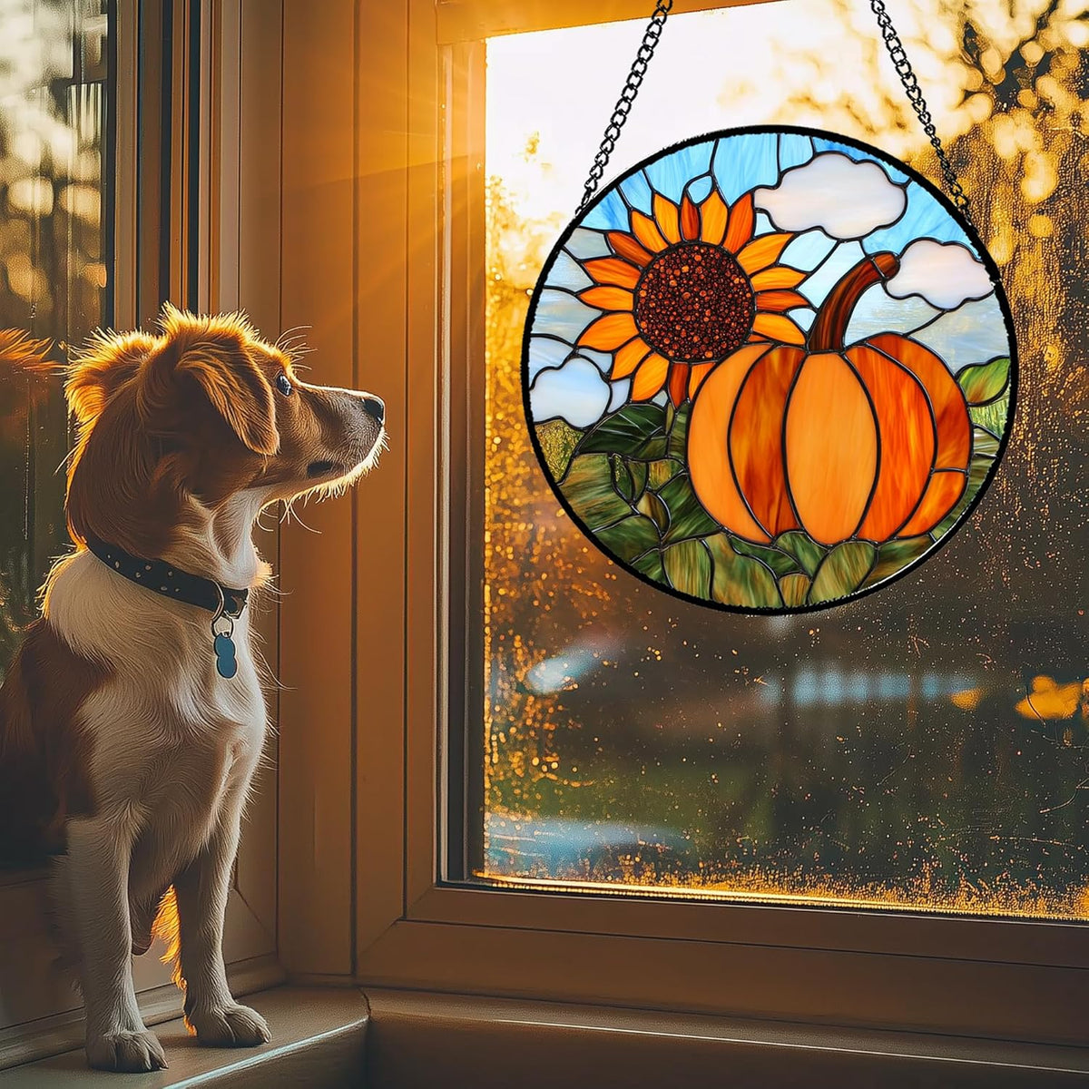 Stained Glass Window Hanging Fall Farm Scenery Sunflower Pumpkin 9.8" - Suncatcher Door Garden