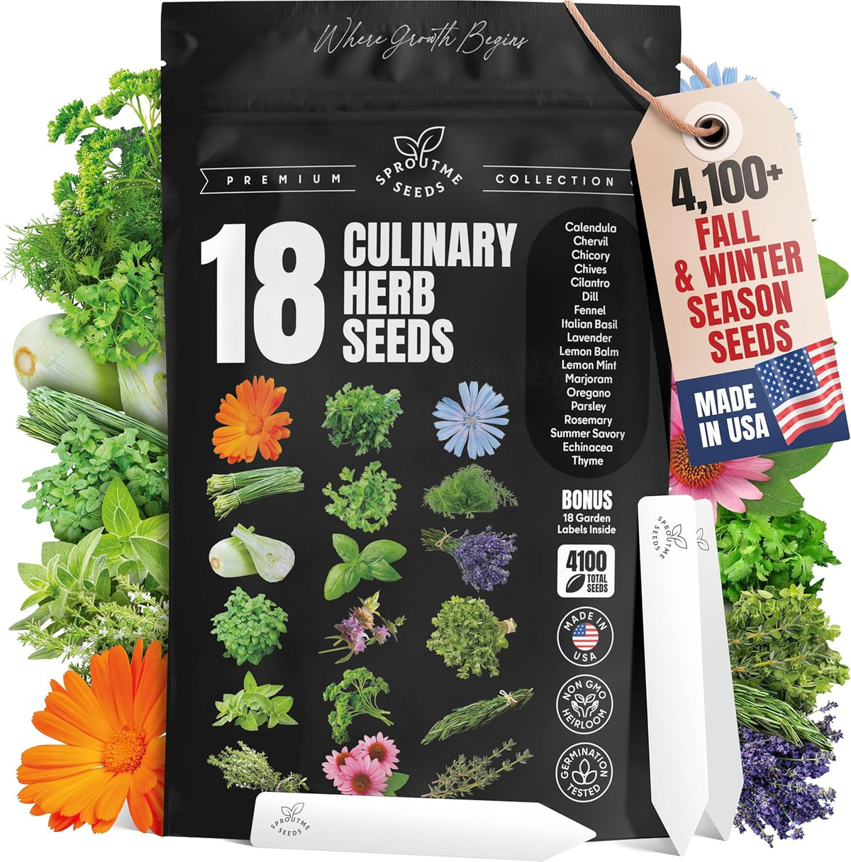18 Culinary Seeds Variety Pack - Herb Garden Starter Kit with Plant Markers | 4100+ Non-GMO