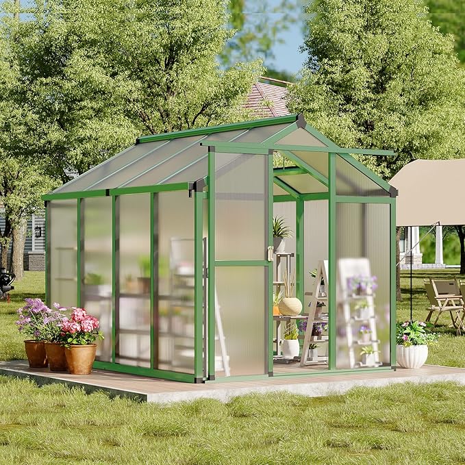 6x8 FT Greenhouse, Easy Assembly Aluminum Polycarbonate Greenhouses for Outdoors with Roof Vent