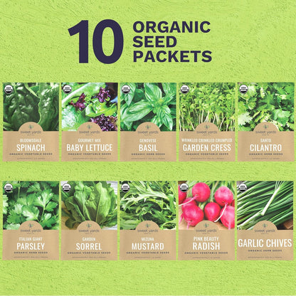 Organic Window Sill Seeds Variety Pack - 10 Individual Packs - 2025 Season - Basil, Cilantro, Pink