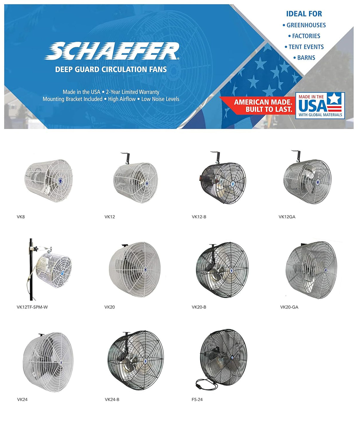 Schaefer VK20-B VersaKool Air Circulator Fan & Aluminum Blade, Ceiling Wall Mount Greenhouse Fan