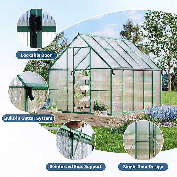 8'X10' Aluminum-Framed Polycarbonate Greenhouse, Heavy Duty Polycarbonate Greenhouse with Quick
