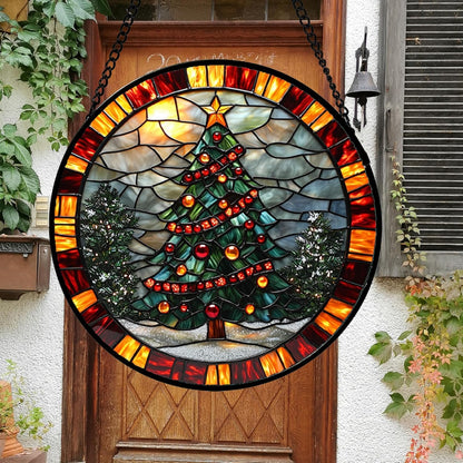 Stained Glass Window Hanging - Winter Christmas Tree Suncatcher Ready to Hang Window Doors Home