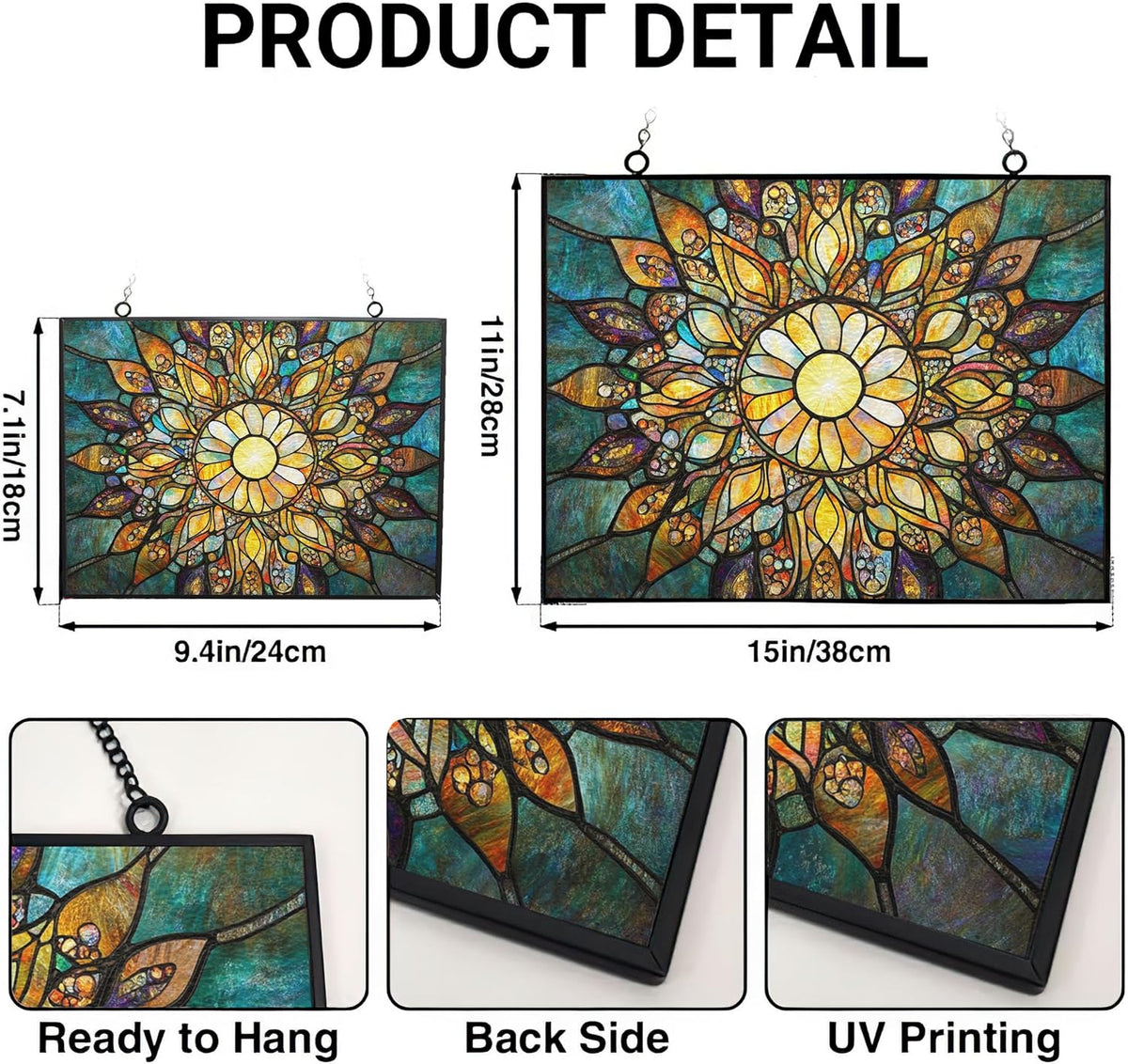 Customized Rectangle Boho Mandala Sunburst Stained Glass Suncatcher Window Hangings, Stained Glass
