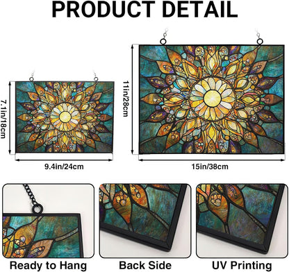 Customized Rectangle Boho Mandala Sunburst Stained Glass Suncatcher Window Hangings, Stained Glass