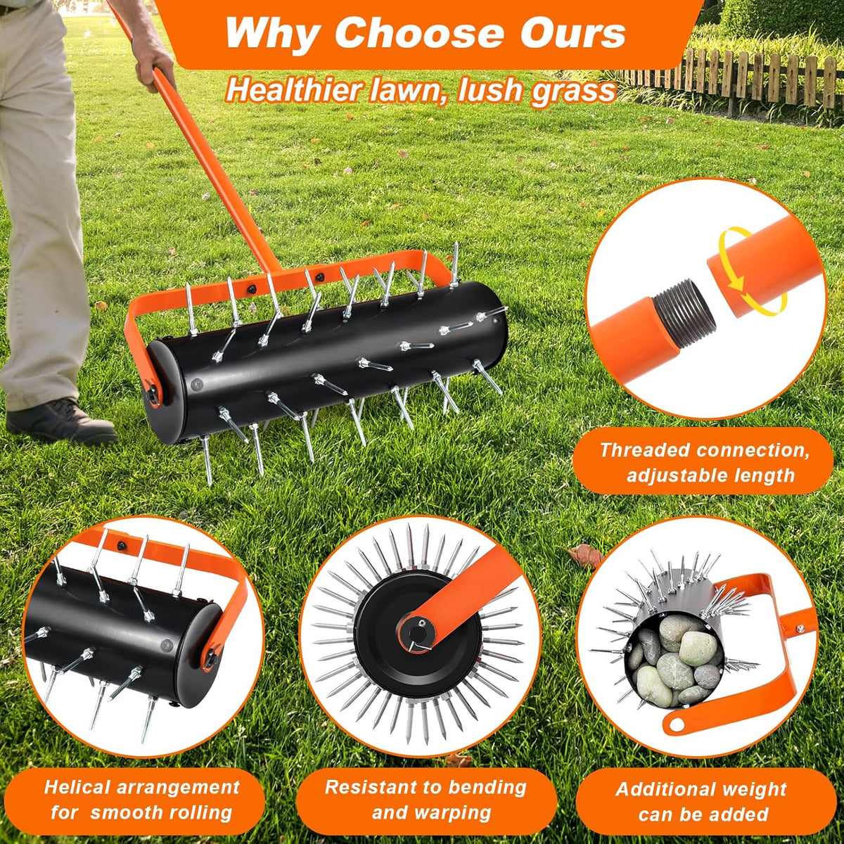 Rolling Lawn Aerator, Heavy Duty Hand Manual Spike Roller with 42 Spikes, Aerator Tool with 71"