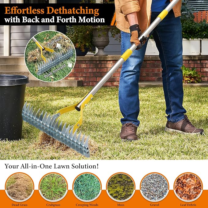 Thatch Rake for Lawns - 15in Dual-Action Dethatching Thatcher Rakes with 55'' Handle,Heavy Duty