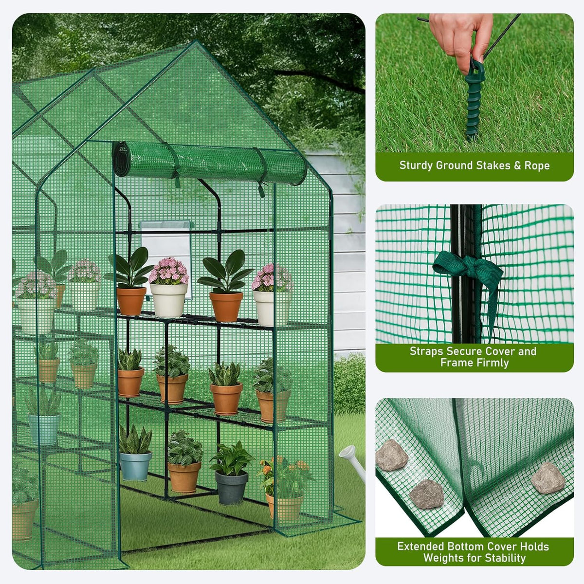 Outvita Walk-in Greenhouse, Outdoor Durable PE Plant Green House for Frost Protection with 3 Tiers