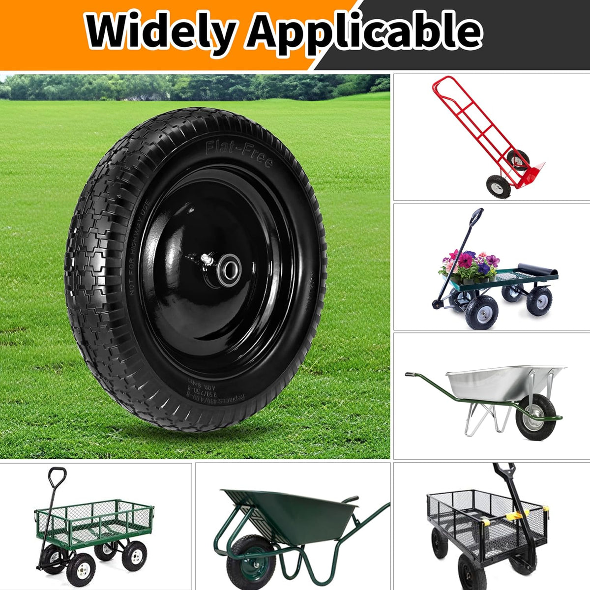 2 PCS 4.80/4.00-8 Flat Free Tire and Wheel, 14.5 Solid Wheelbarrow Tires, 5/8" 3/4" Bearings，3"-7"