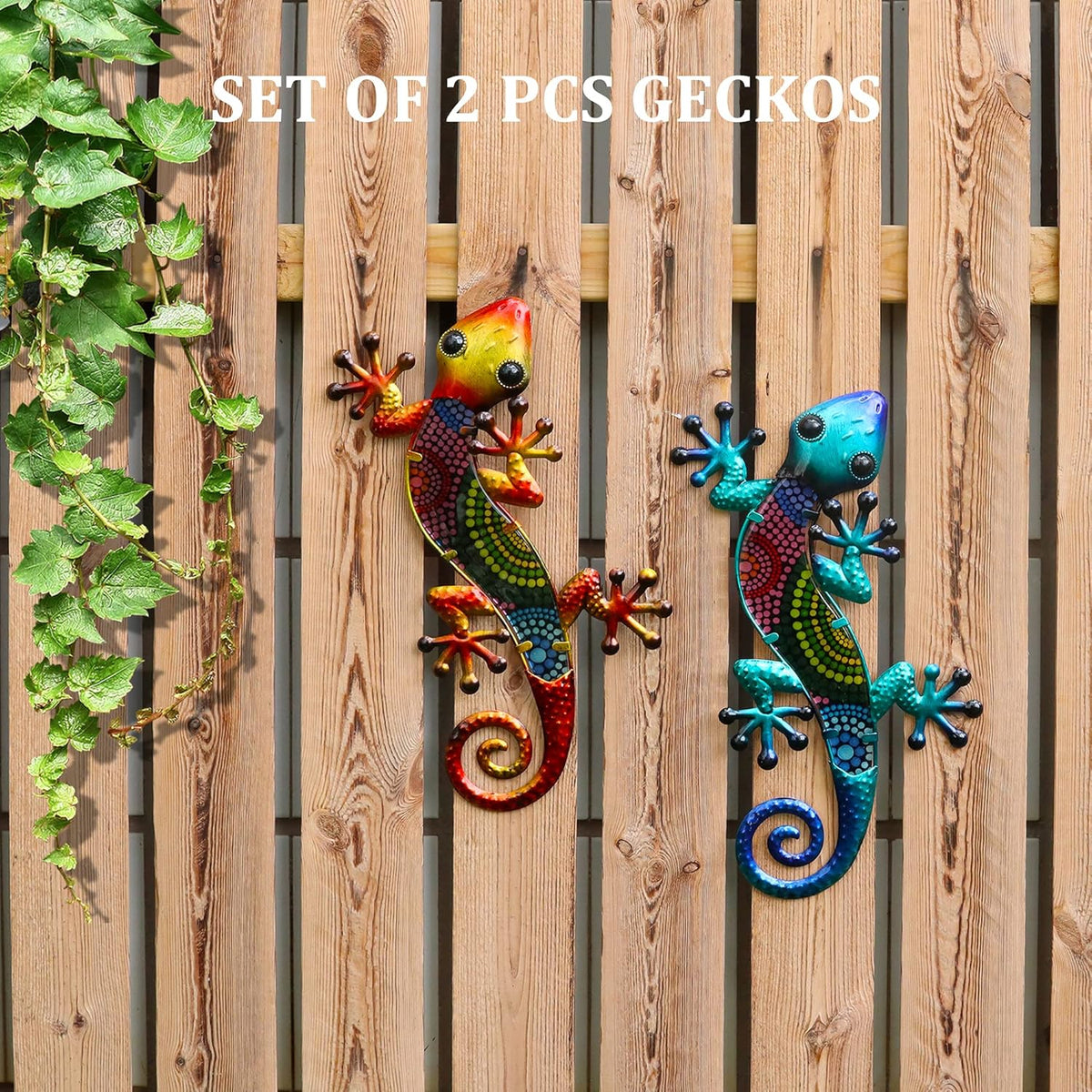 HONGLAND Metal Gecko Wall Art 2 Pack 15 Inch Lizard Outdoor Decor Hanging Glass Sculpture