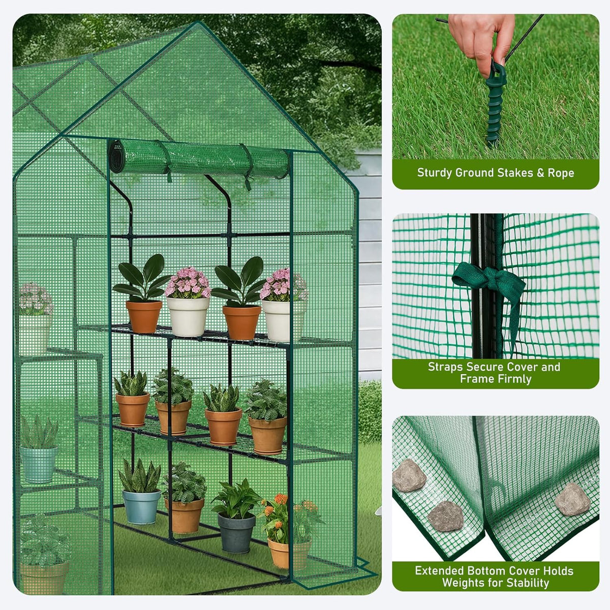 Outvita Walk-in Greenhouse, Outdoor Durable PE Plant Green House for Frost Protection with 3 Tiers