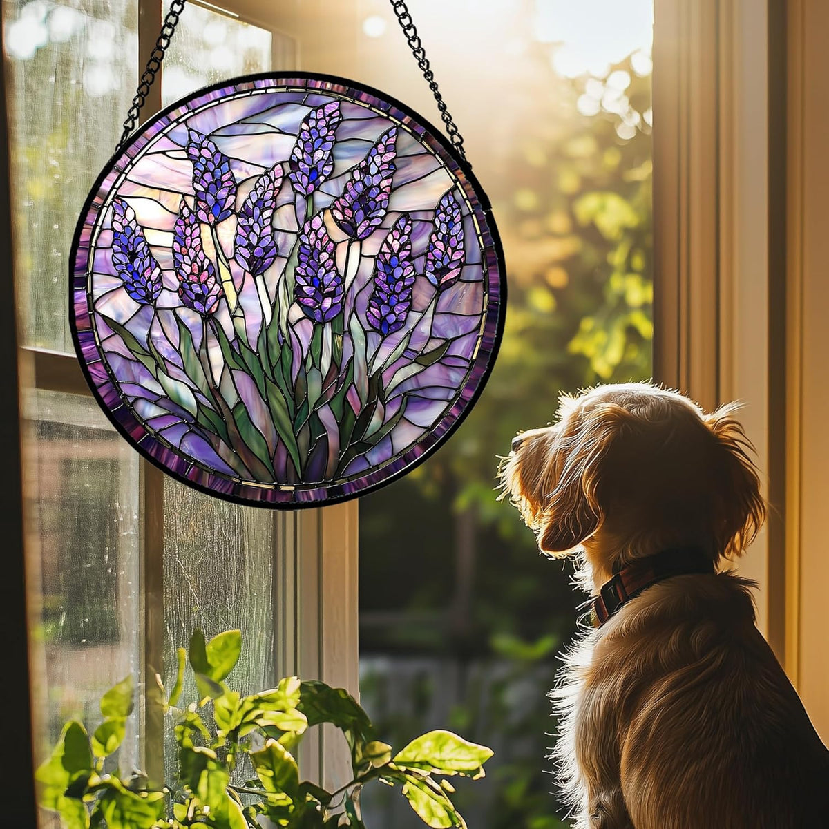 Stained Glass Window Hanging - Purple Flowers Suncatcher for Door Terrace Garden Home Decor