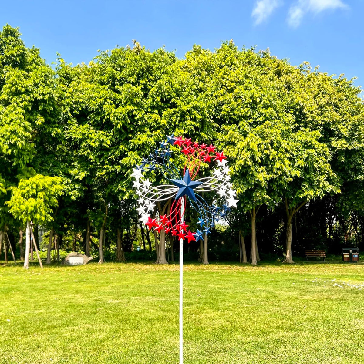 47.3” Red White & Blue Patriotic Wind Spinner – Star Design American Flag Spinner Outdoor – Metal