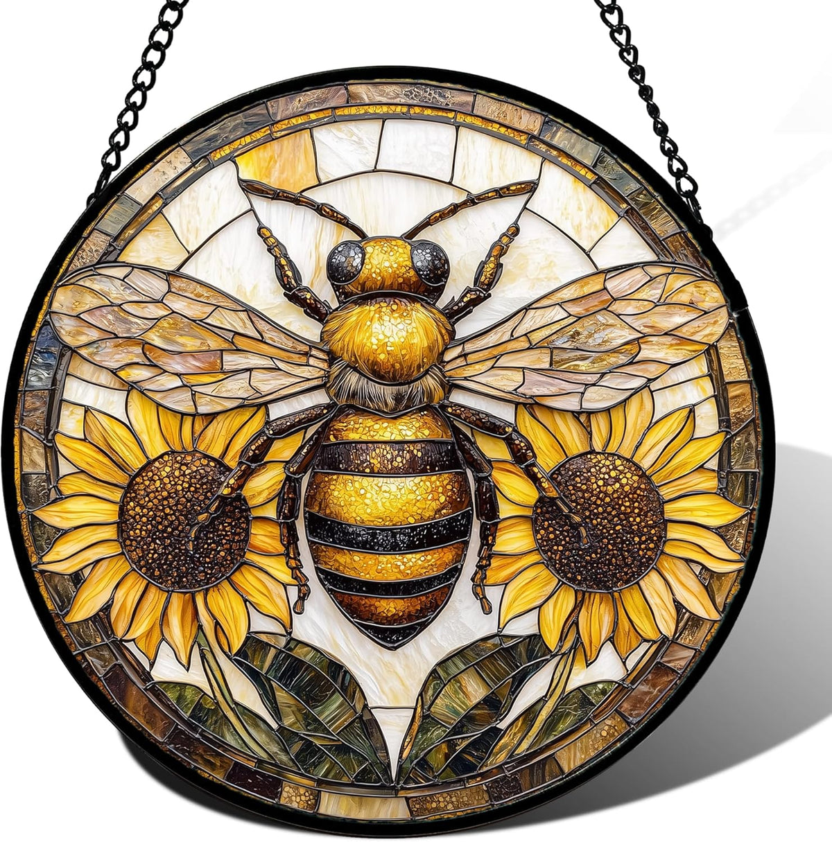 Stained Glass Window Hanging - Bee Sunflower Yellow Suncatcher Ready to Hang Window Doors Home