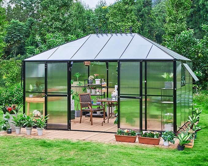 Jocisland 14x9.5x9 FT Outdoor Aluminum Greenhouse with Quick Connect Fittings, 6 FT Height Double