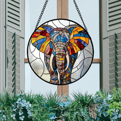 Stained Glass Window Hanging, Colorful Elephant Sun Catcher for Door Home Decor Animal Suncatcher