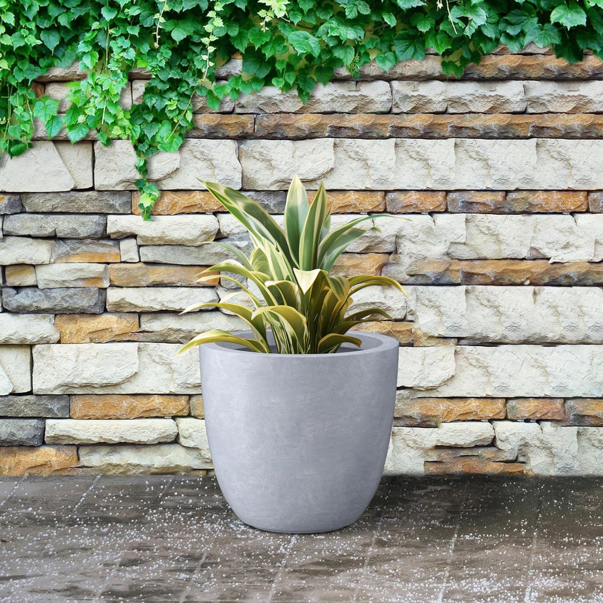 Kante 14 Inch Dia Round Concrete Planter, Indoor Outdoor Large Plant Pot with Drainage Hole and