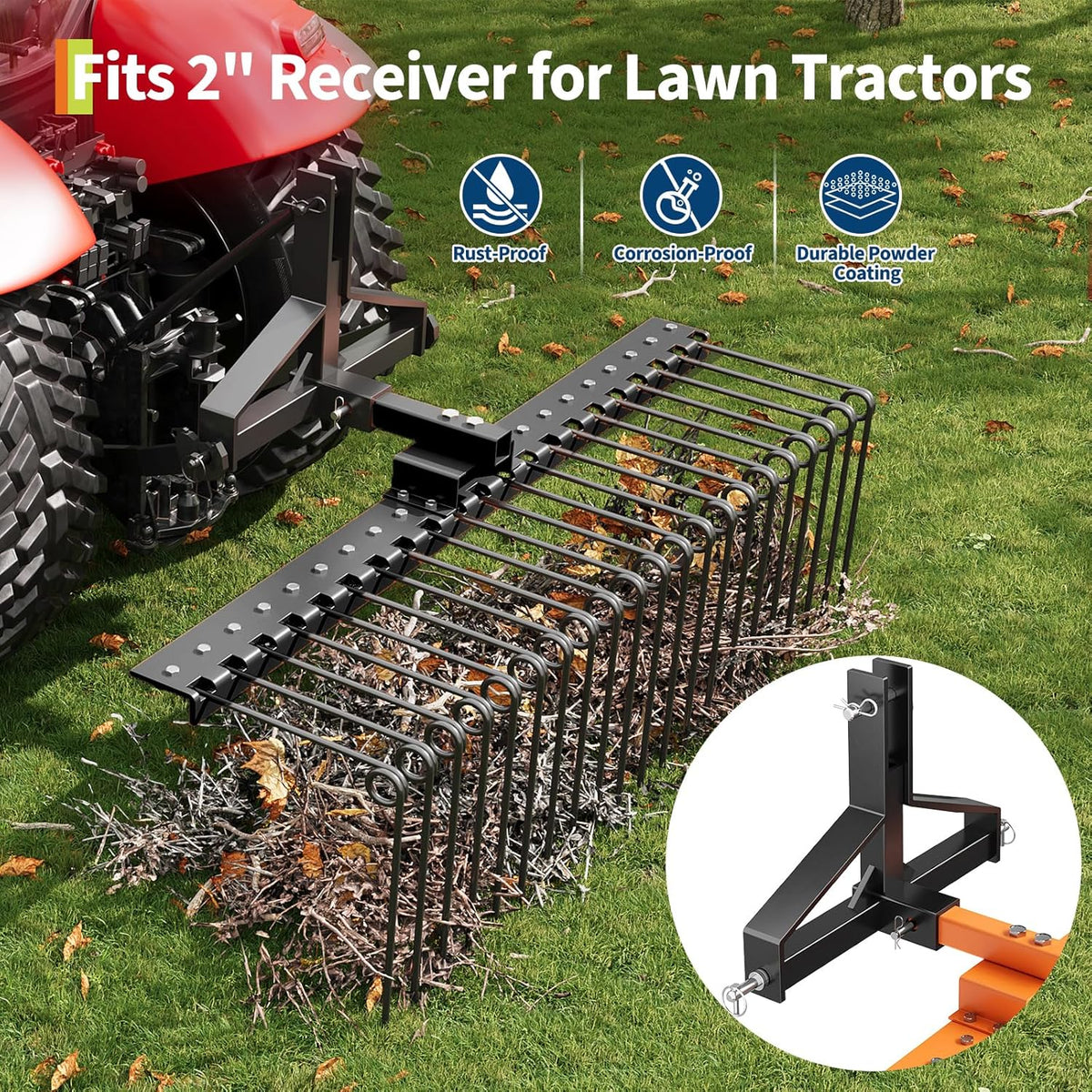 Tow Behind Landscape Rake, 60" Tow Dethatcher with 21 Steel Coil Tines, Lawn Dethatcher Rake