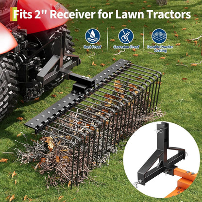 Tow Behind Landscape Rake, 60" Tow Dethatcher with 21 Steel Coil Tines, Lawn Dethatcher Rake