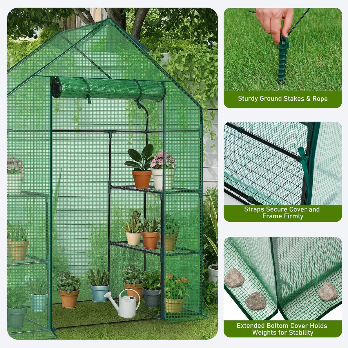 Outvita Walk-in Greenhouse, Outdoor Durable PE Plant Green House for Frost Protection with 3 Tiers