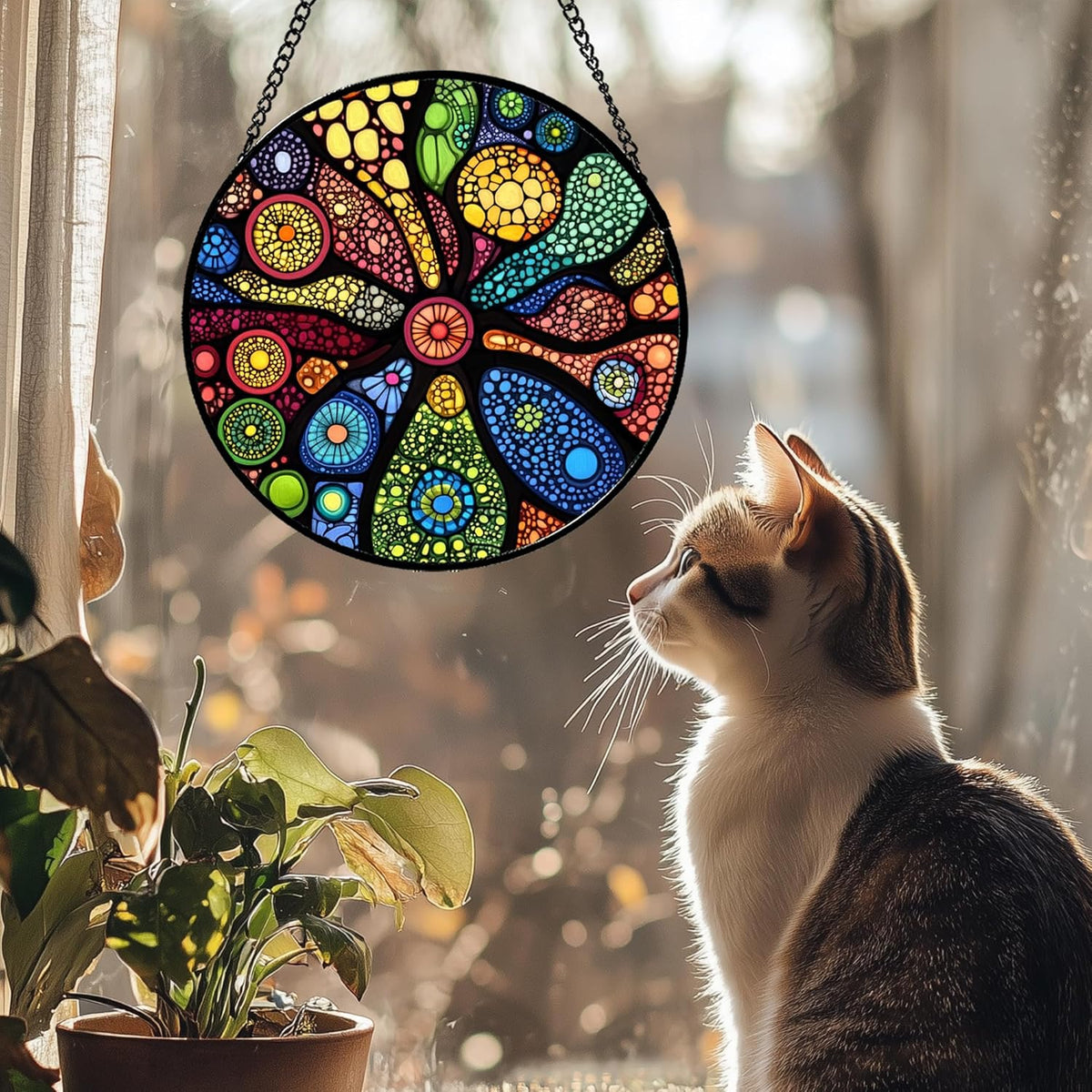 Stained Glass Window Hanging Colorful Abstract Plants 9.8" - Retro Boho Suncatcher Door Garden Sun