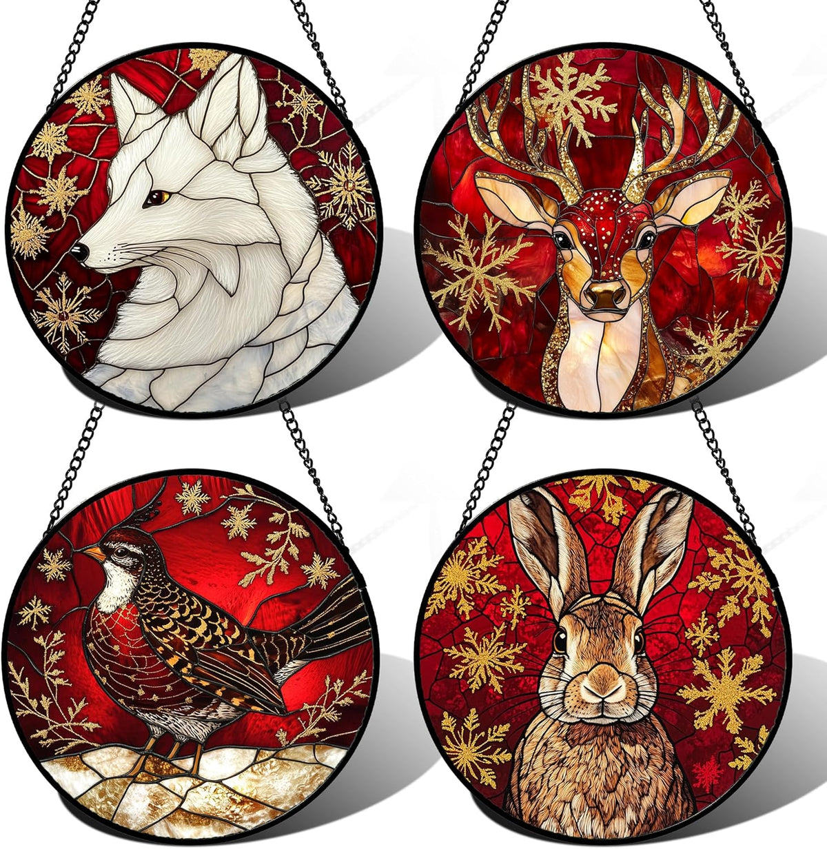 Stained Glass Window Hanging 4 Pcs Set Red Golden Snowflakes 7.8" - Christmas Elk Rabbit Suncatcher
