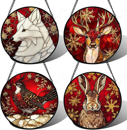 Stained Glass Window Hanging 4 Pcs Set Red Golden Snowflakes 7.8" - Christmas Elk Rabbit Suncatcher