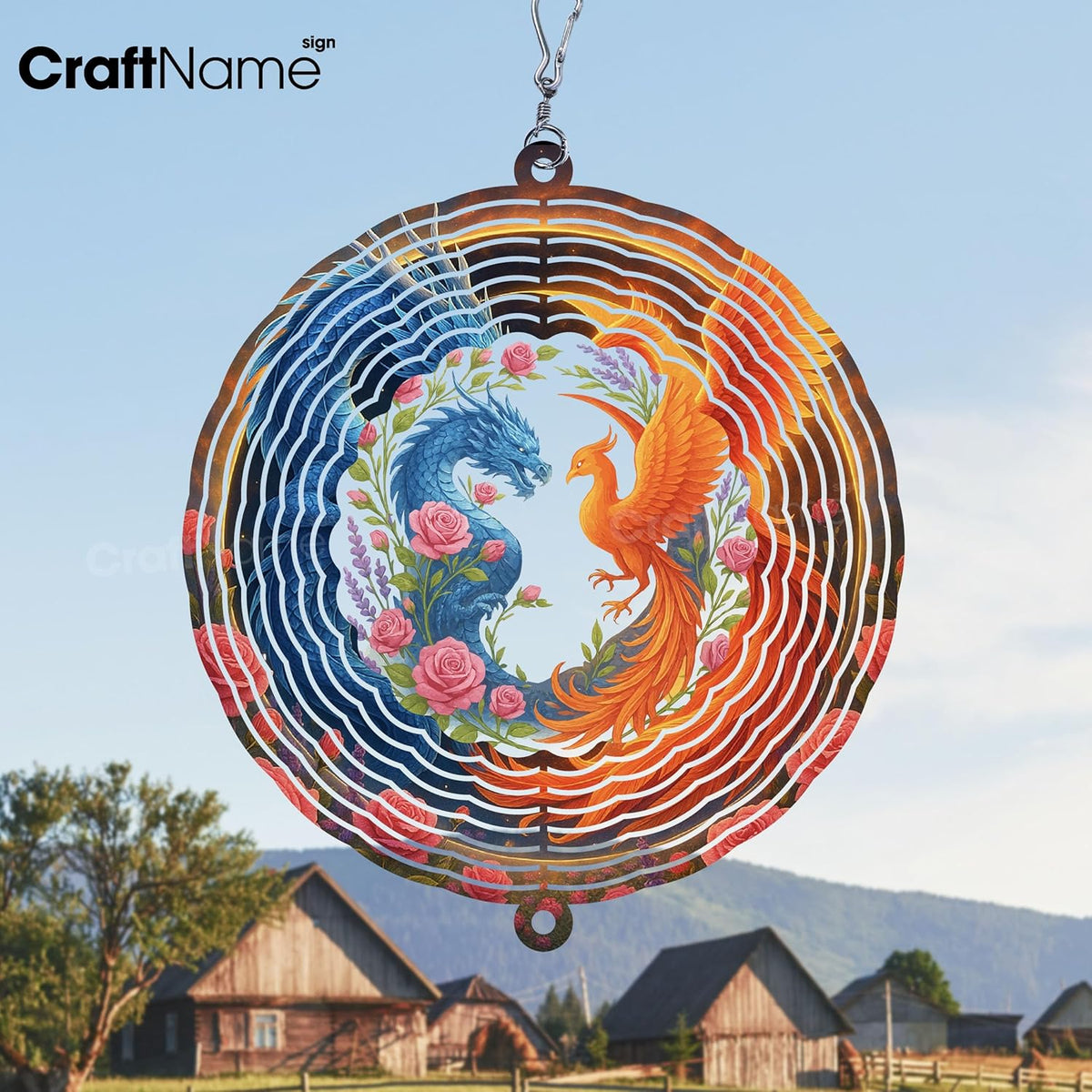 Personalized Dragon & Phoenix Wind Spinner 3D Stainless Steel, Dragon Garden Spinner Hanging