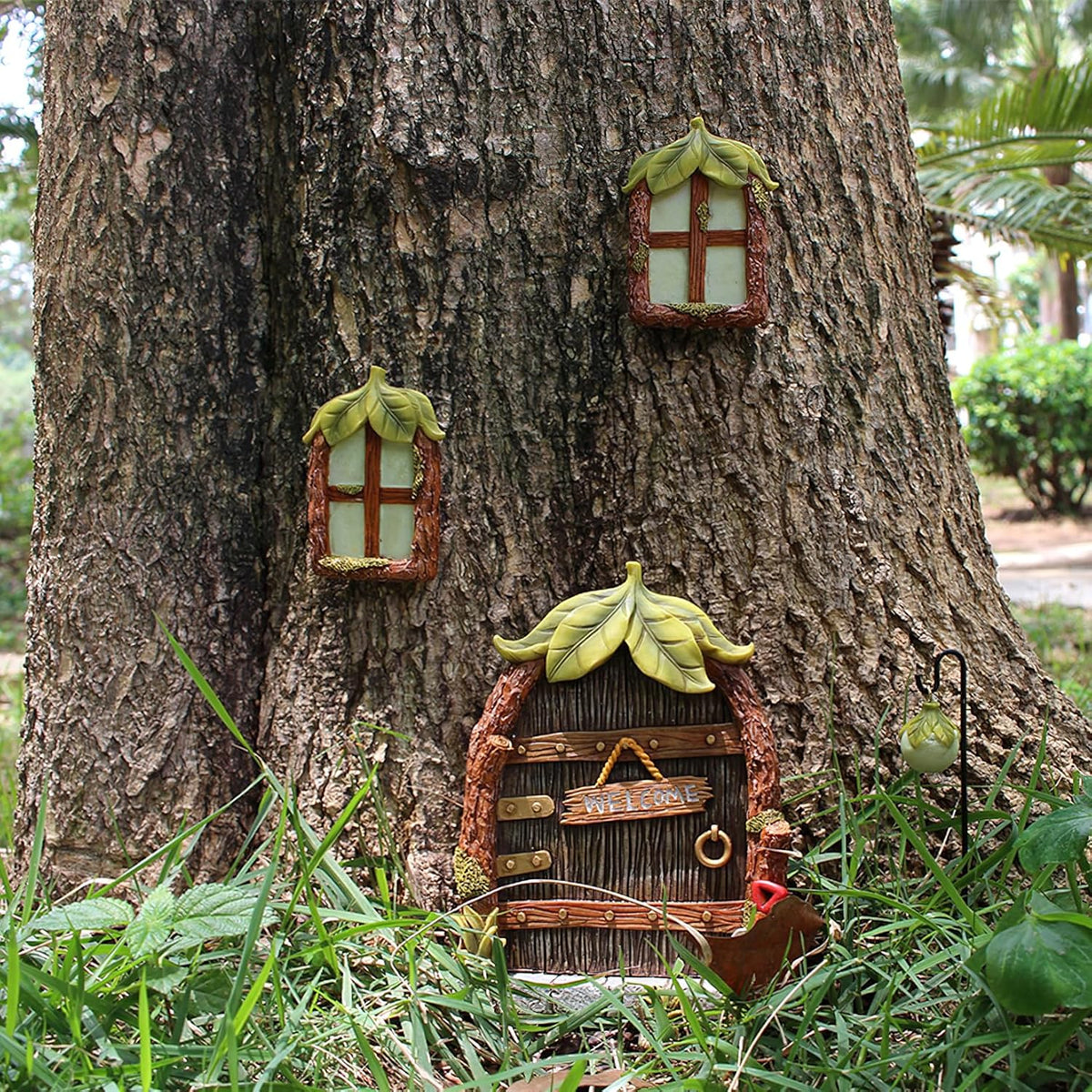 Fairy Door and Windows Garden Kit Accessories Outdoor, Glow in Dark Gnome House for Tree, Lawn Yard