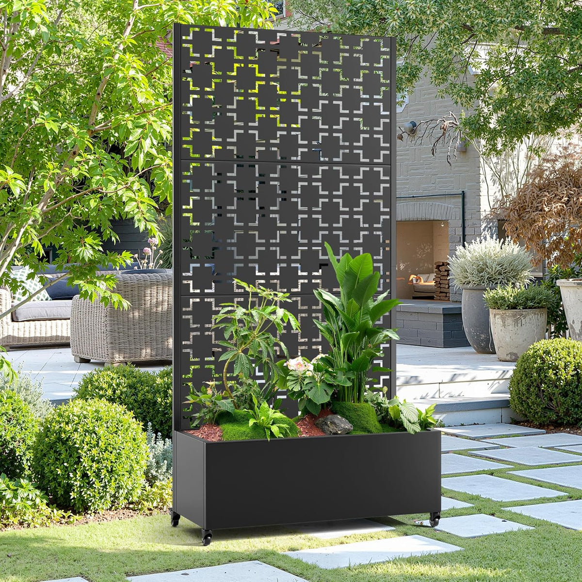 15.7"×70.9"×35.4" Metal Raised Garden Bed with Trellis and Wheels - Tall Trellis Planter Box for