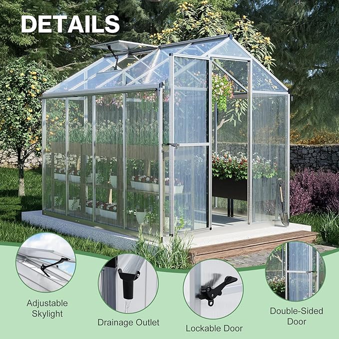 Aoodor 6 x 8 Ft Walk-in Greenhouse with Gutter, Polycarbonate and Heavy-Duty Aluminum Frame